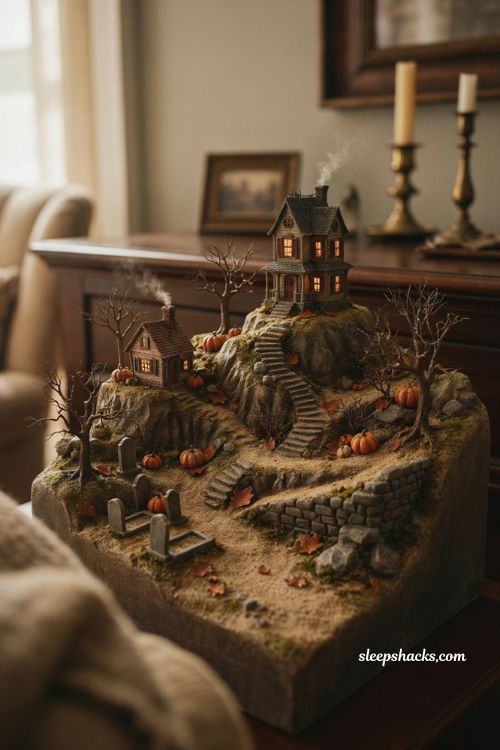 Carved foam Halloween village with sculpted hills and haunted diorama landscape