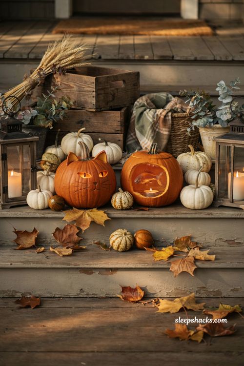 Cat and fishbowl duo pumpkin carving ideas for a cute Halloween front porch display