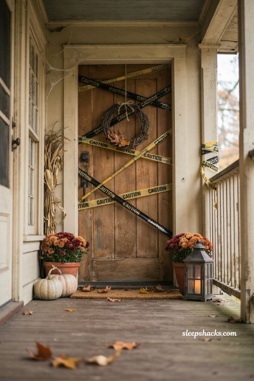Caution tape accents on a farmhouse front door for Halloween decor