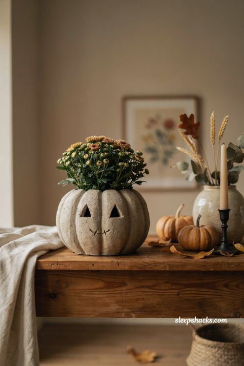 Cement pumpkin planter with a succulent for stylish Halloween fall decor