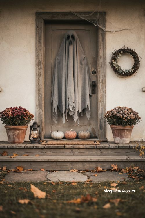 Character Halloween door cover with pumpkins and farmhouse porch decor