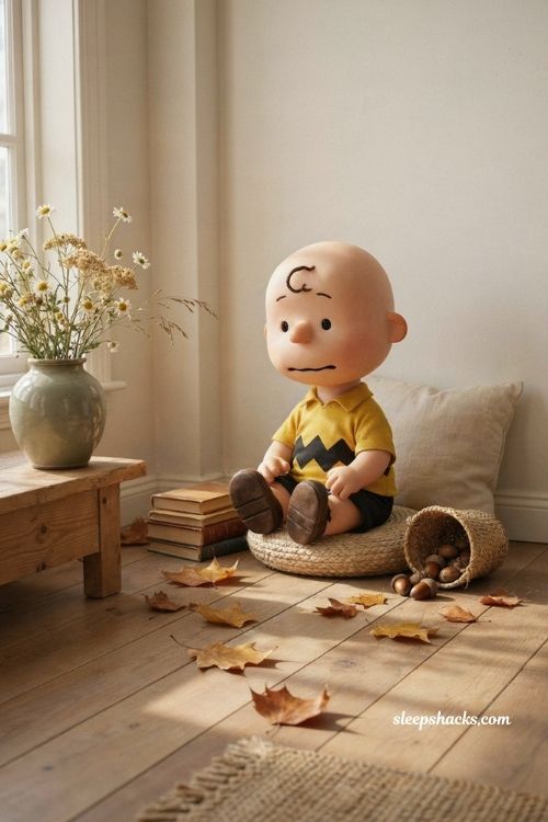 Charlie Brown fall autumn surrounded by leaves acorns and flowers cozy seasonal wallpaper 