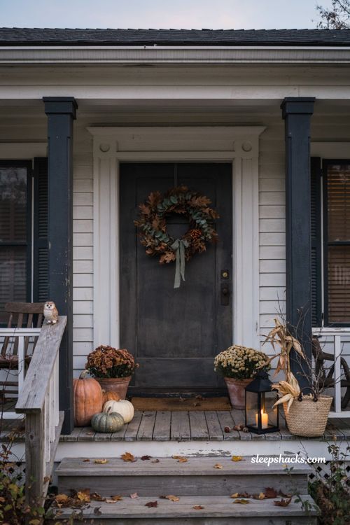 Charming Halloween front porch with pumpkins mums lanterns and cozy evening decor