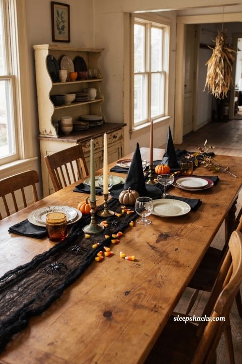 Cheap Halloween centerpiece ideas with black cobwebs and witch hats