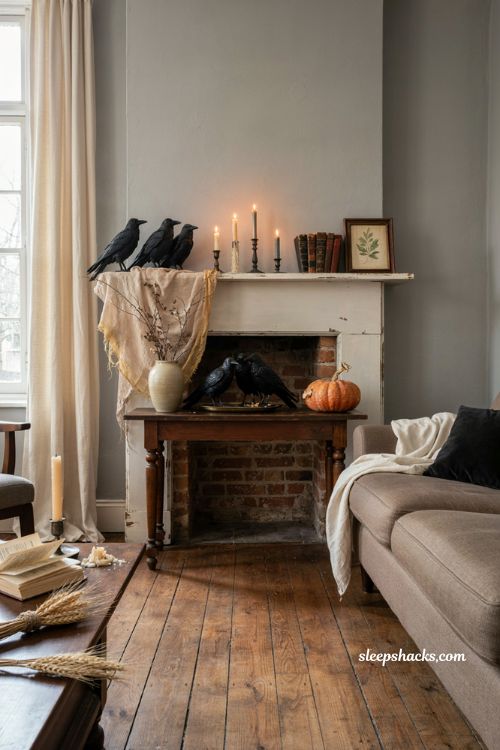 Cheap Halloween decorations for a cozy spooky living room with black crows gauze candles and vintage accents 