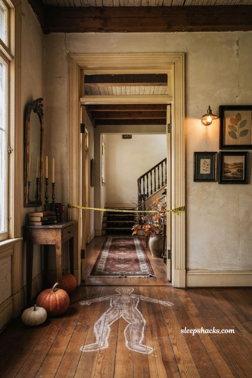Cheap Halloween party ideas with caution tape and chalk