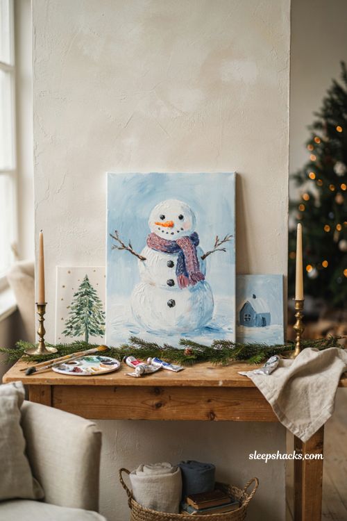 Cheerful snowman Christmas painting on canvas with textured knit scarf