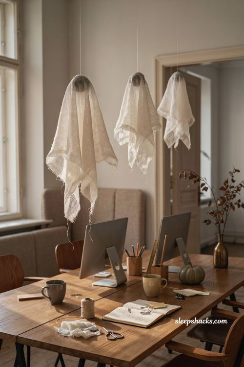 Cheesecloth ghost decorations floating above a cozy office desk for Halloween