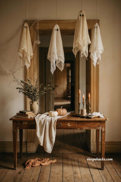 Cheesecloth ghost decorations hanging in a cozy rustic Halloween entryway