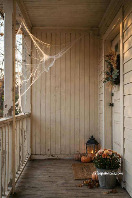 Cheesecloth spiderwebs for small porch halloween decor