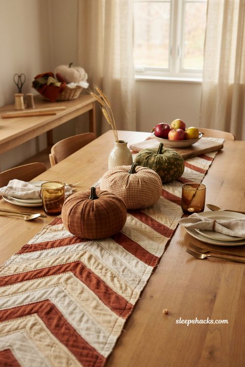 Chevron fall table runner with matching fabric pumpkins modern autumn quilted dining table decor