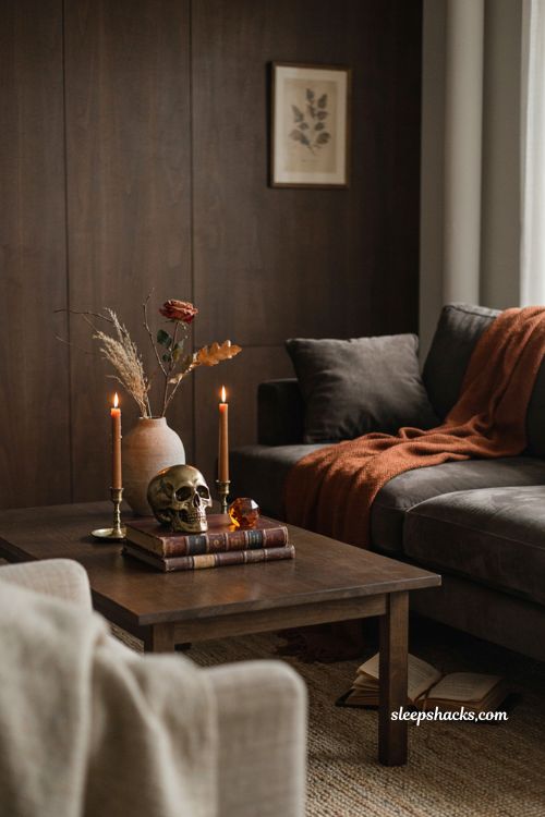 Chic modern Halloween decor with rust throw amber crystal brass and metal skull