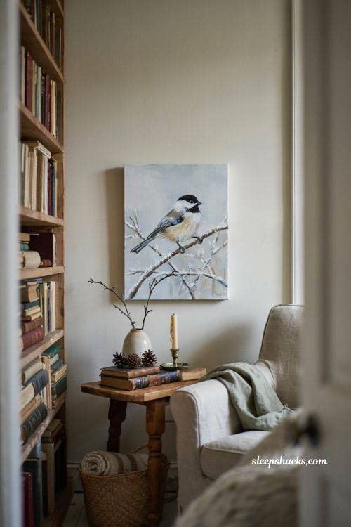 Chickadee Christmas painting on canvas with frosted winter branch