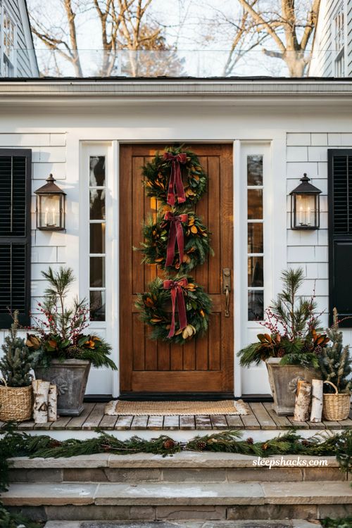 Christmas front door with stacked evergreen wreaths and elegant holiday entryway