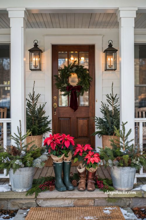 Christmas front porch with vintage rain boots used as poinsettia planters