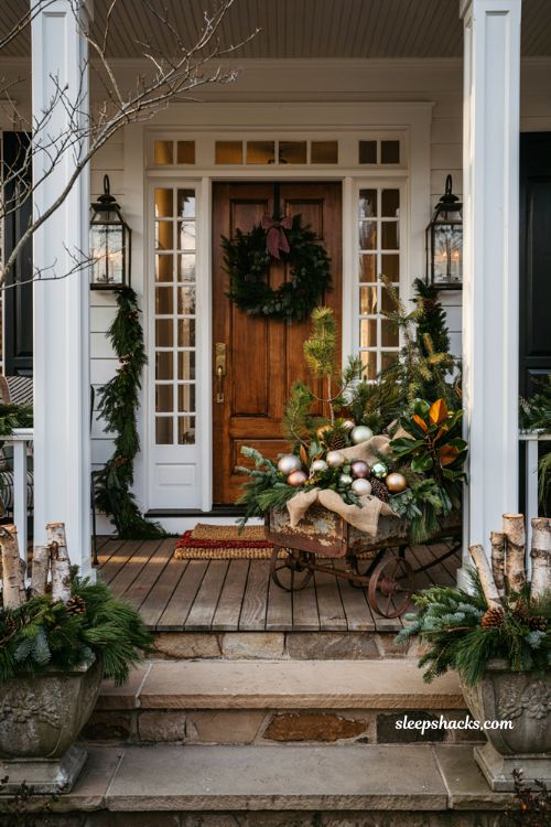 Christmas front porch with vintage wagon filled with evergreen branches and ornaments