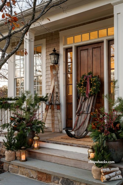 Christmas front porch with vintage wooden sled antique skis and evergreen wreath