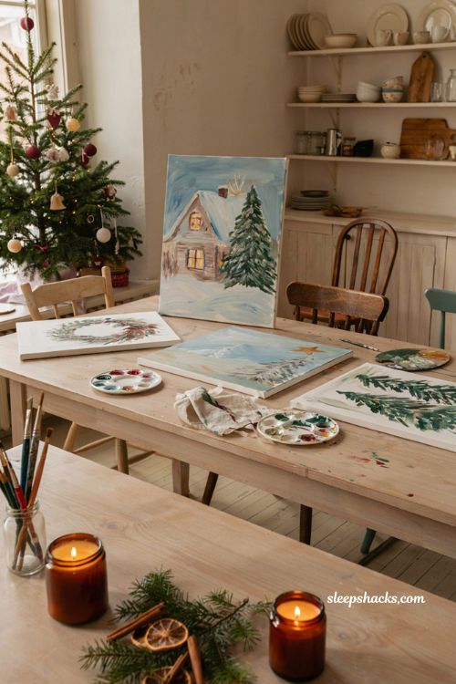 Christmas paintings on canvas with handmade holiday artwork and cozy painting supplies