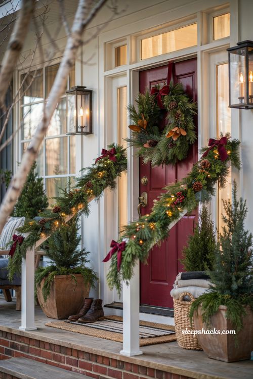 Christmas porch railing garland with red bows pinecones and warm white lights