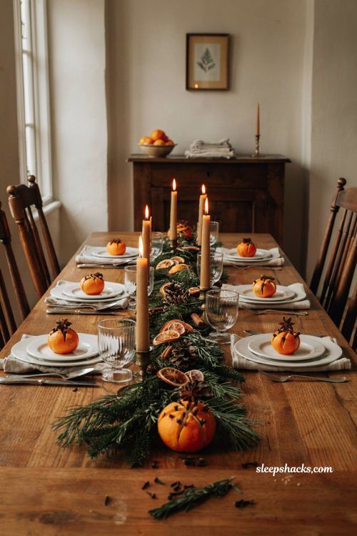 Christmas tablescape with clove studded orange pomanders greenery and candles