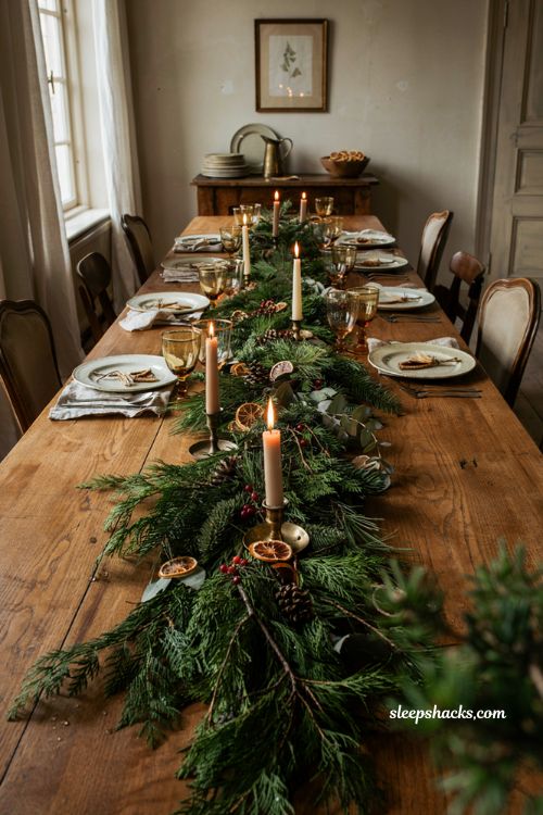 Christmas tablescape with layered cedar eucalyptus pine greenery and dried orange runner