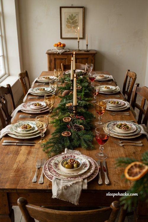 Christmas tablescape with mismatched antique plates vintage goblets and greenery
