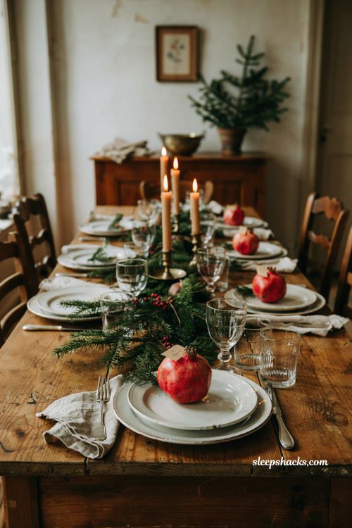 Christmas tablescape with pomegranate place cards greenery and candlelight