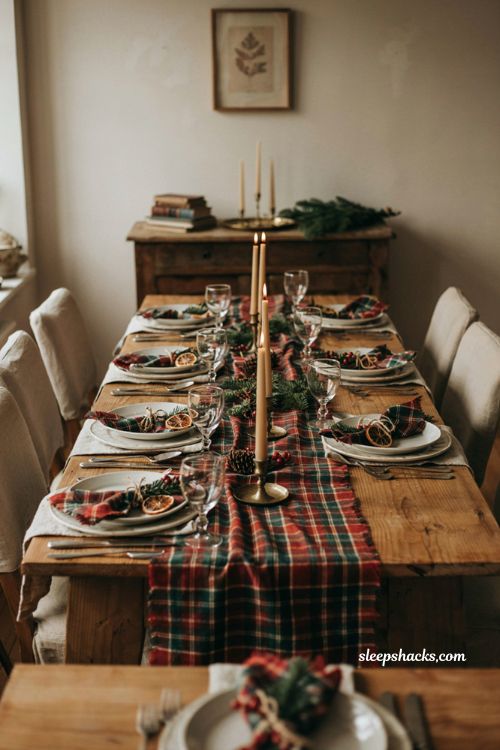 Christmas tablescape with tartan runner plaid napkins evergreen and candlelight