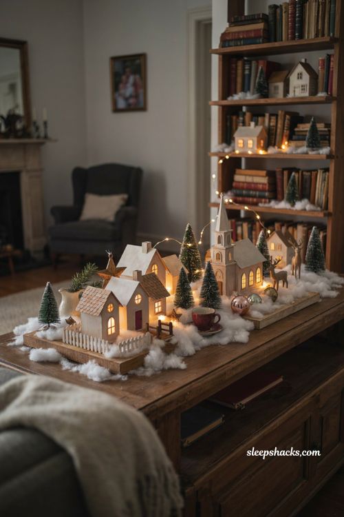 Christmas village display ideas DIY easy for a cozy living room console with handmade houses glowing windows cotton snow and warm fairy lights 