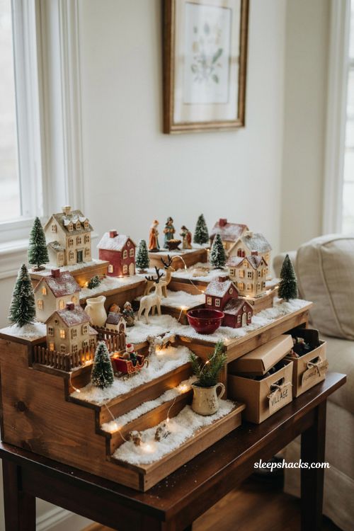 Christmas village display ideas diy seasonal rotation with snowy risers lights and vintage houses