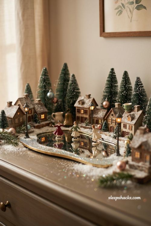 Christmas village display ideas diy skating pond with glitter ice and miniature skaters