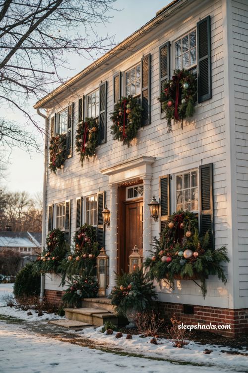 Christmas window boxes with evergreen branches oversized ornaments and pinecones