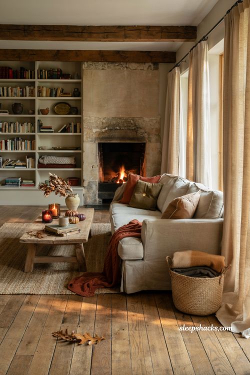 Chunky knit throw draped over sofa for cozy fall living room decor