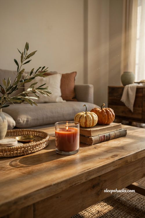 Cinnamon and bitter orange fall candle styling in a cozy modern farmhouse living room