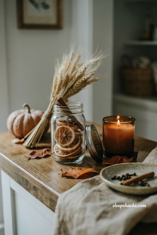 Cinnamon and orange mason jar air freshener with cozy fall candle decor