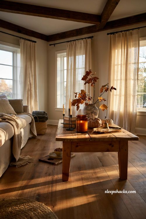 Cinnamon forward pumpkin candle styling in a spacious farmhouse living room with classic Halloween decor