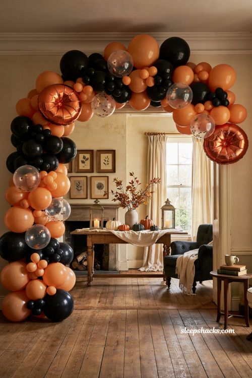 Classic orange and black Halloween balloon arch with pumpkin balloons and cozy party decor