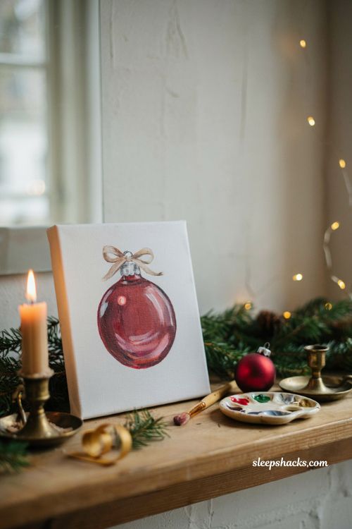 Close up Christmas ornament painting on canvas with glass bauble highlights