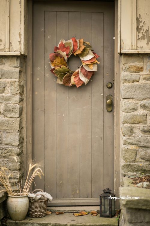 Cloth fall leaf wreath with handmade fabric autumn leaves