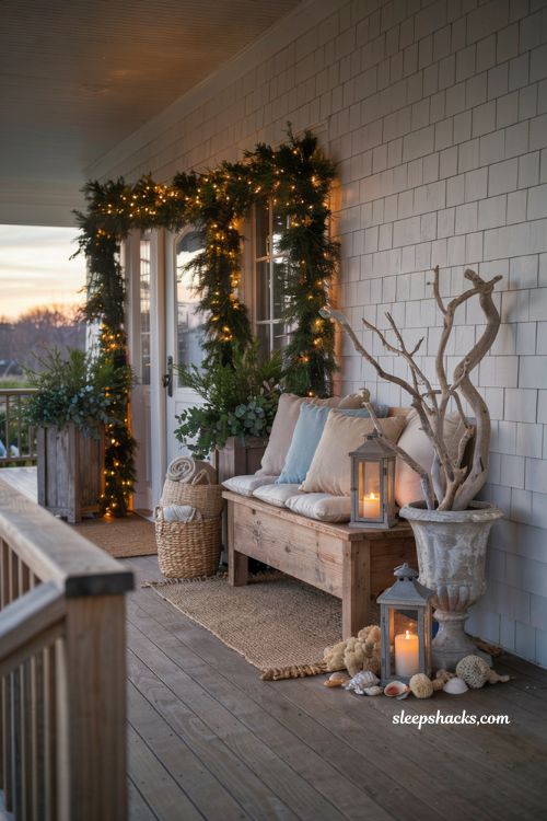 Coastal christmas porch decor ideas with driftwood branches and natural coral accents