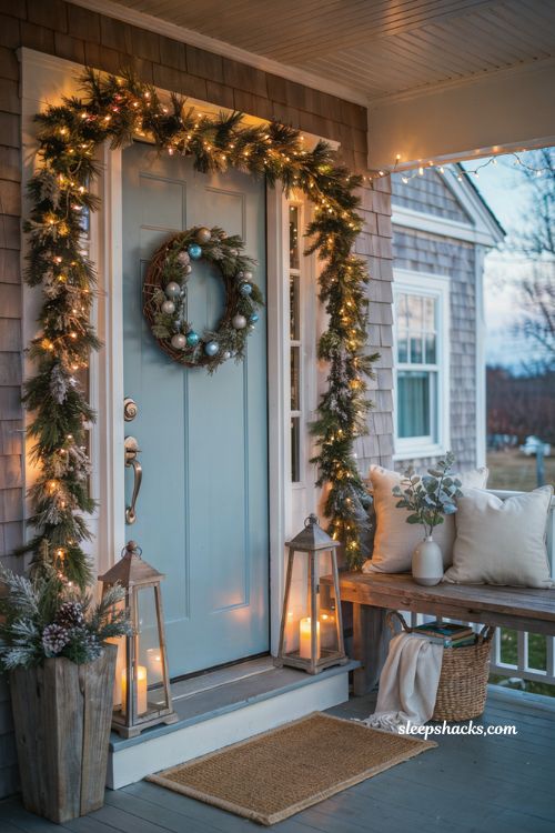 Coastal christmas porch decor ideas with lightly snow dusted garland and icy blue accents