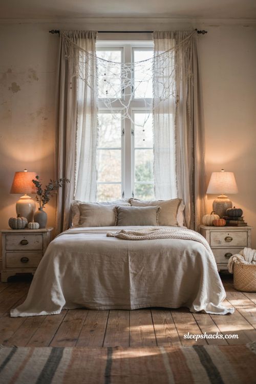 Cobweb curtains Halloween bedroom with cozy vintage window decor