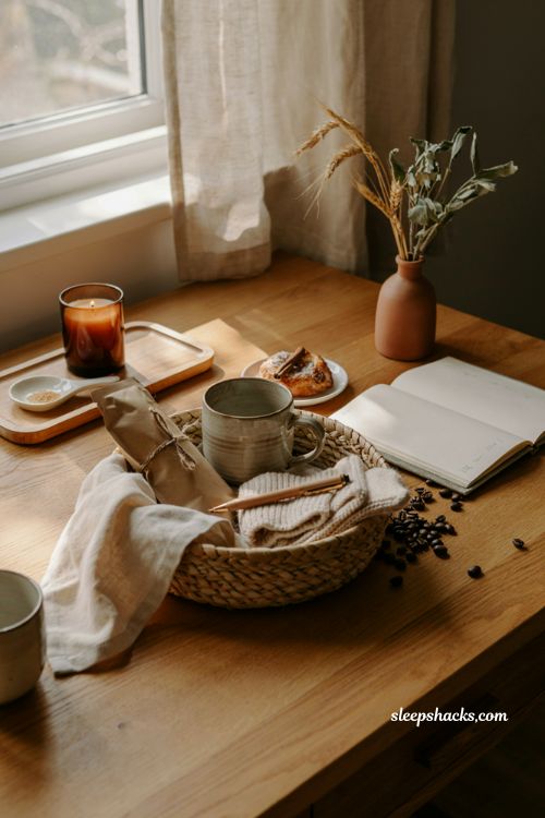 Coffee and journal boo basket ideas for girlfriend with cozy morning gifts