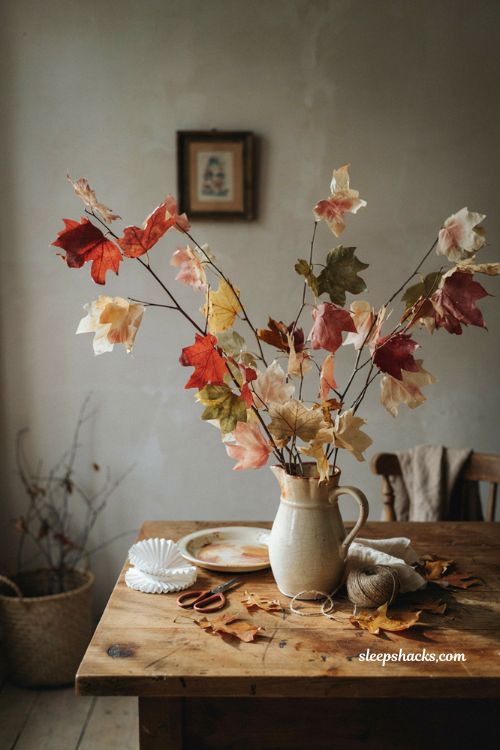 Coffee filter fall leaf centerpiece with dyed handmade leaves