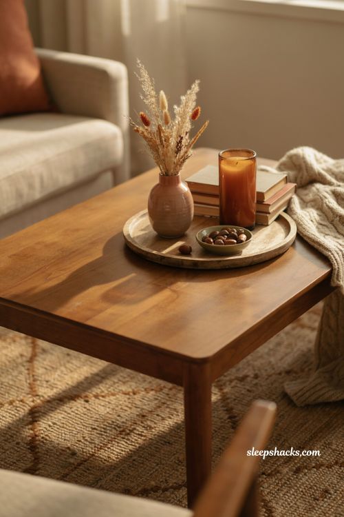 Coffee table fall decor ideas with a cozy tray dried leaves candles and warm seasonal textures 