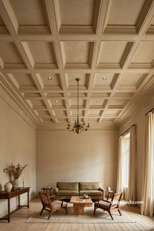 Coffered fall ceiling grid with recessed panels warm lighting and classic elegant hall design