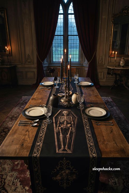 Coffin and skeleton Halloween table runner with dramatic gothic dining decor