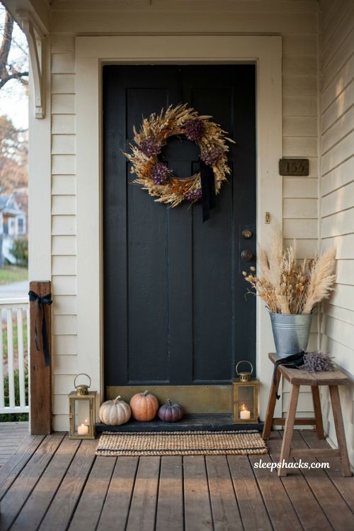 Cohesive small porch halloween decor with black ribbon and dried florals