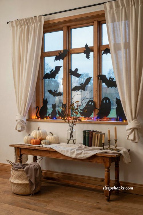 Colored LED backlighting behind Halloween window silhouettes for a spooky glow