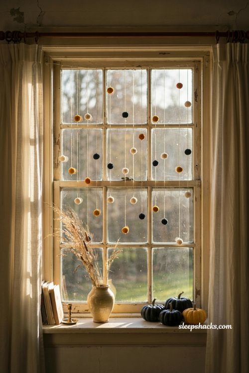 Colored pom pom Halloween window curtain in ochre black and cream with cozy fall decor